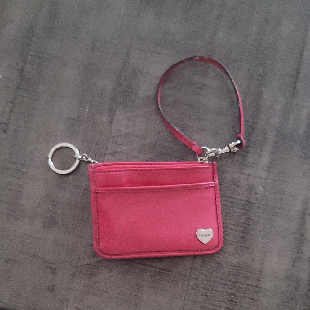 Coach Pink Card Holder Wristlet Keychain With Hearts Hot Pink Fuscha Y2k 90s